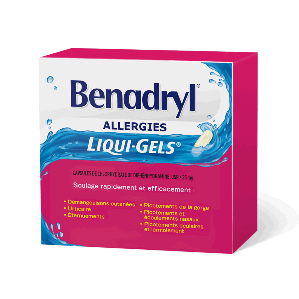 Boîte de gélules du médicament antiallergique Benadryl