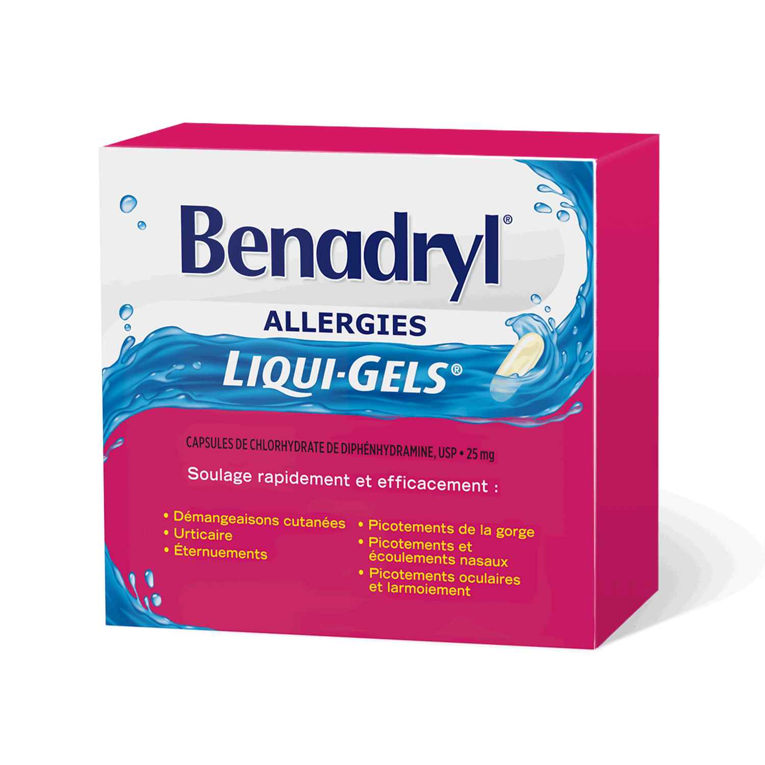 Boîte de gélules du médicament antiallergique Benadryl