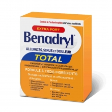 Boîte de comprimés Benadryl Extra-puissant Allergies, sinus et douleur
