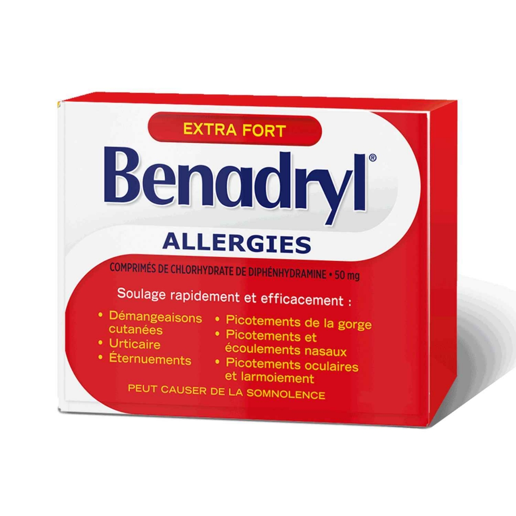 Boîte de caplets du médicament antiallergique Benadryl Extra-puissant