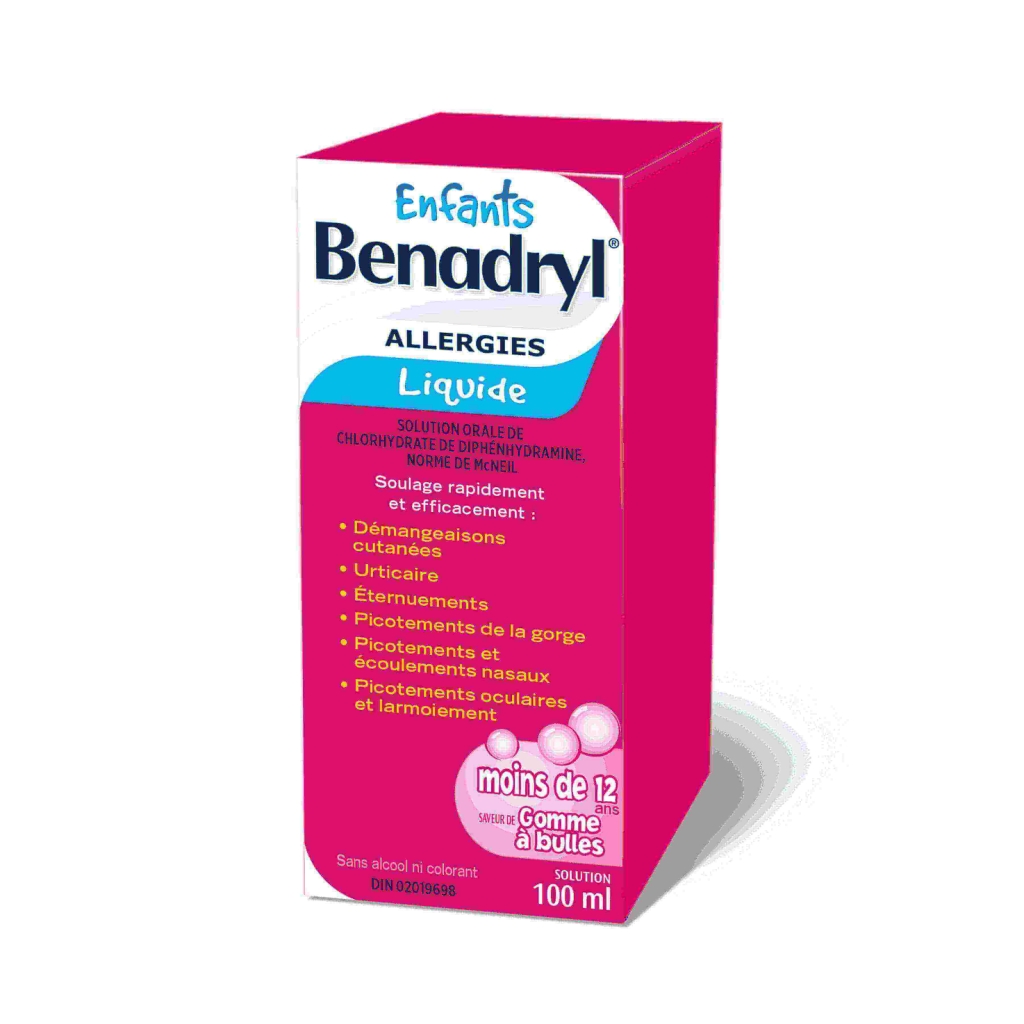 Flacon du médicament antiallergique liquide Benadryl pour enfants